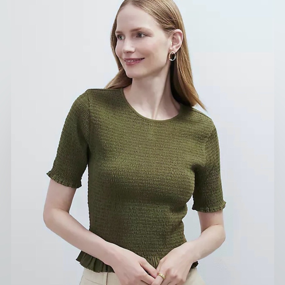 Ann Taylor Olive Smocked Ruffle Hem Short Sleeve Top